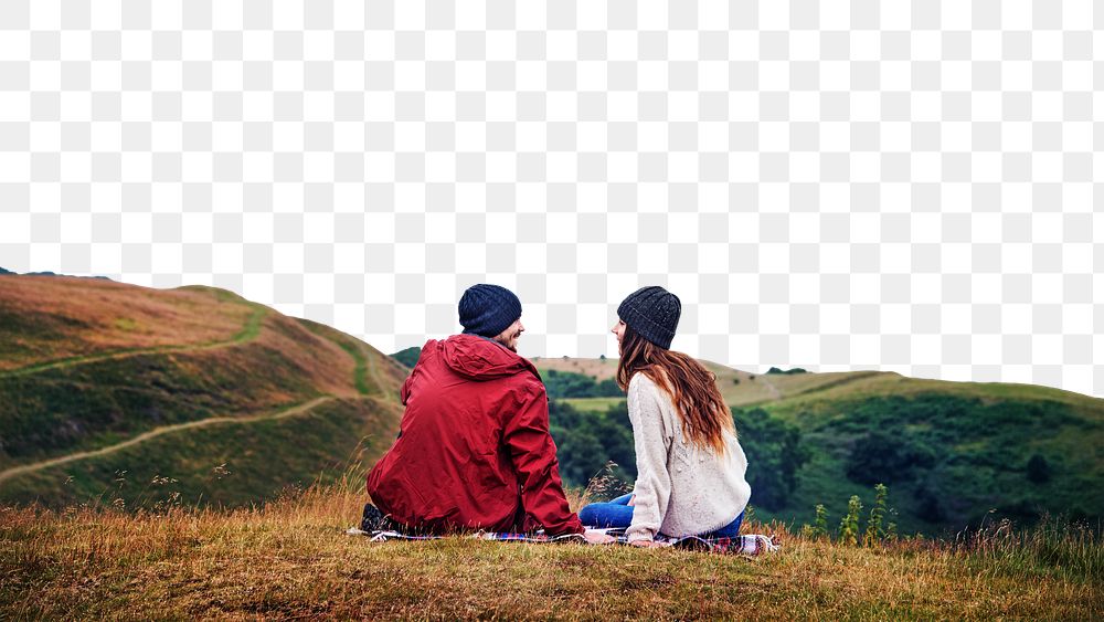 PNG Couple sitting on hill border, transparent background