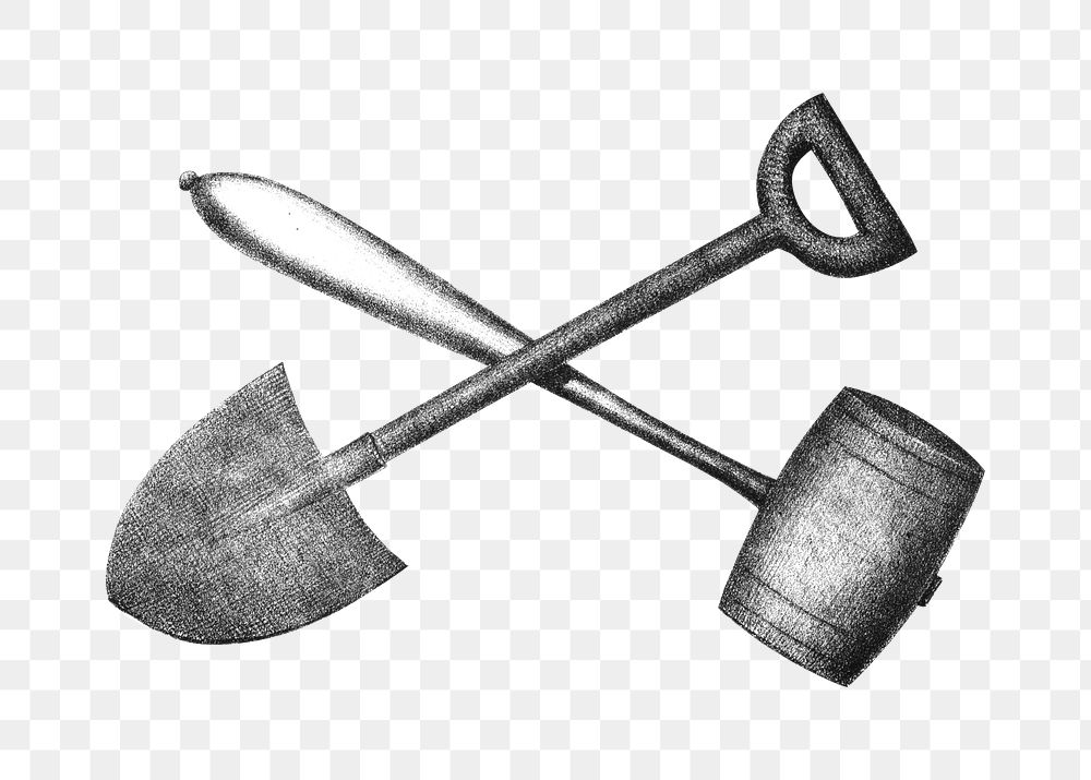 PNG Shovel and hammer, vintage gardening tool illustration, transparent background.  Remixed by rawpixel. 