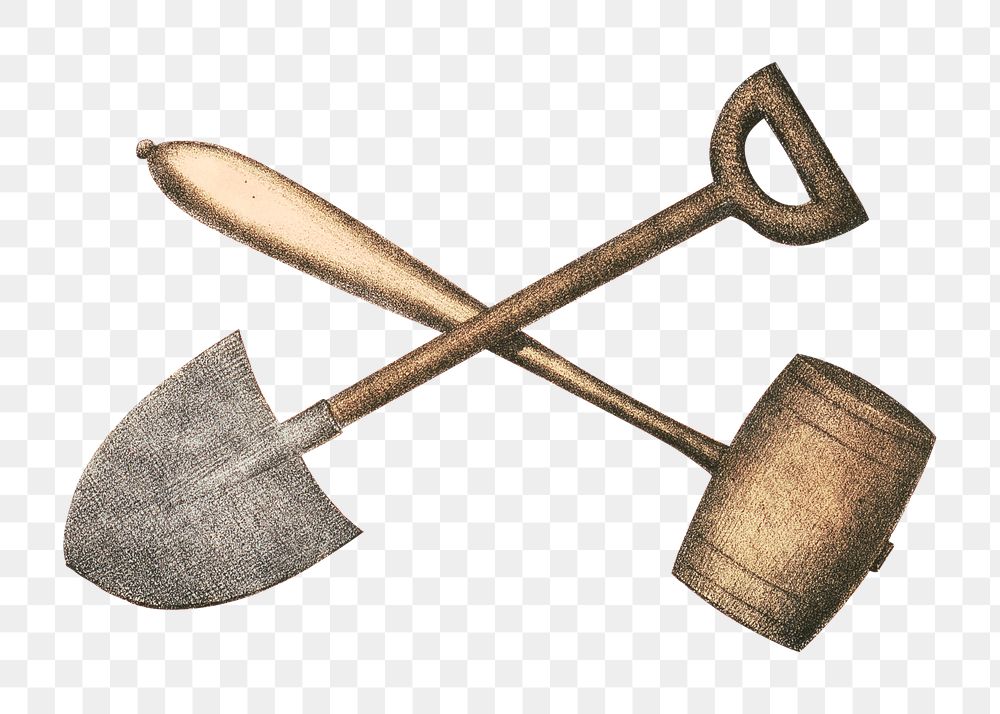 PNG Shovel and hammer, vintage gardening tool illustration, transparent background.  Remixed by rawpixel. 