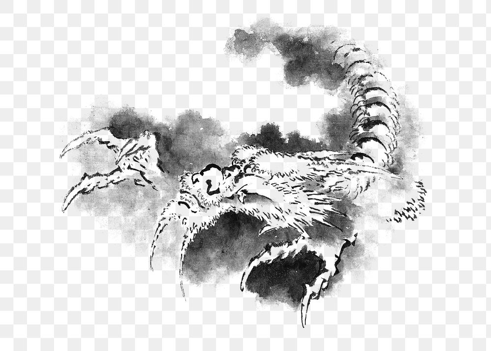 PNG Dragon emerging from clouds, mythical creature illustration by Katsushika Hokusai, transparent background.  Remixed by…