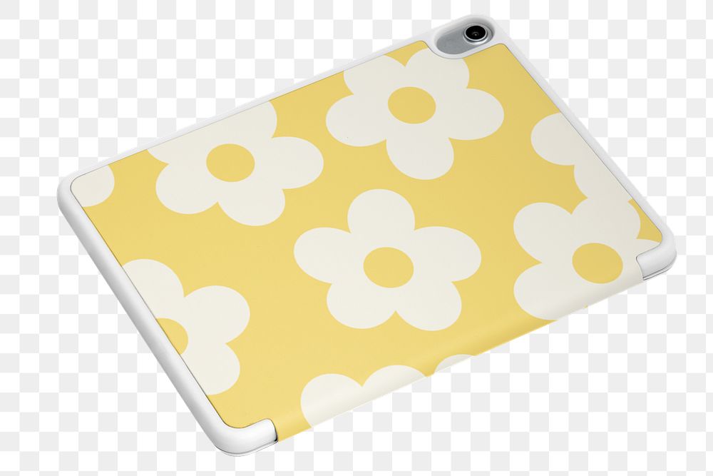 Yellow tablet case png floral pattern, transparent background
