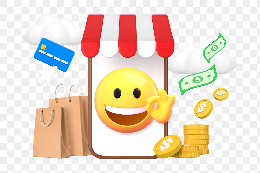 Png online shopping emoji sticker, 3D illustration transparent background