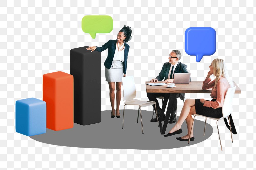 Business meeting png sticker, 3D bar charts remix, transparent background