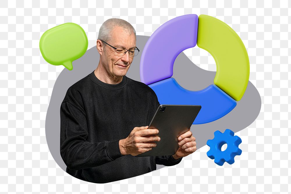 Businessman holding tablet png sticker, 3D pie chart remix, transparent background