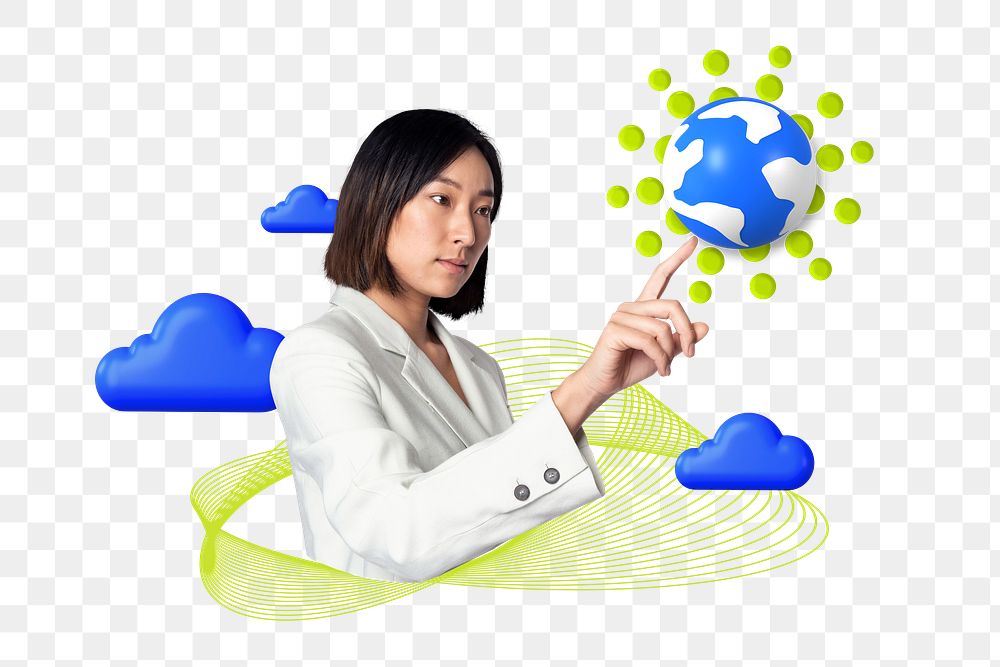 Cloud connectivity png sticker, global network 3D businesswoman remix, transparent background