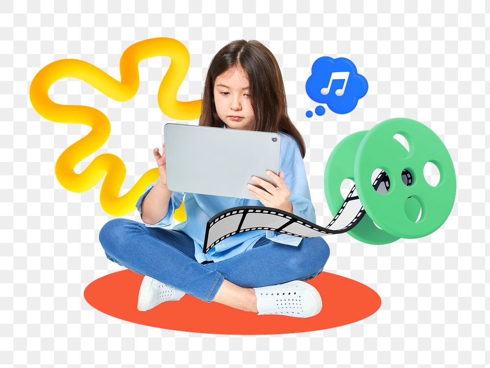 Girl playing tablet png, kids entertainment, 3D remix, transparent background
