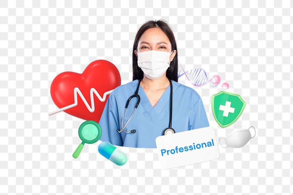 Healthcare professional png word element, 3D collage remix, transparent background