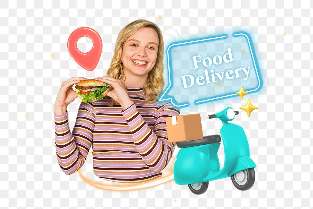 Food delivery png word element, 3D collage remix, transparent background