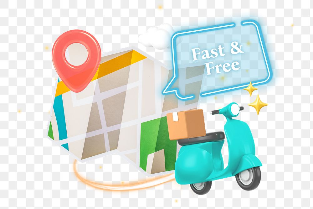 Fast & free delivery png word element, 3D collage remix, transparent background