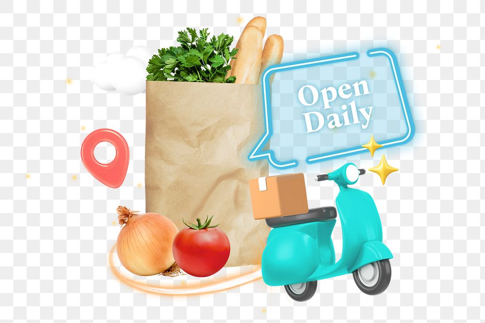 Shop open daily png word element, 3D collage remix, transparent background