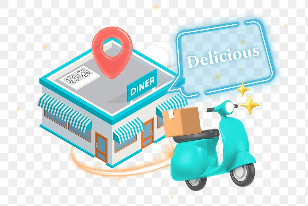 Delicious, food delivery png word element, 3D collage remix, transparent background