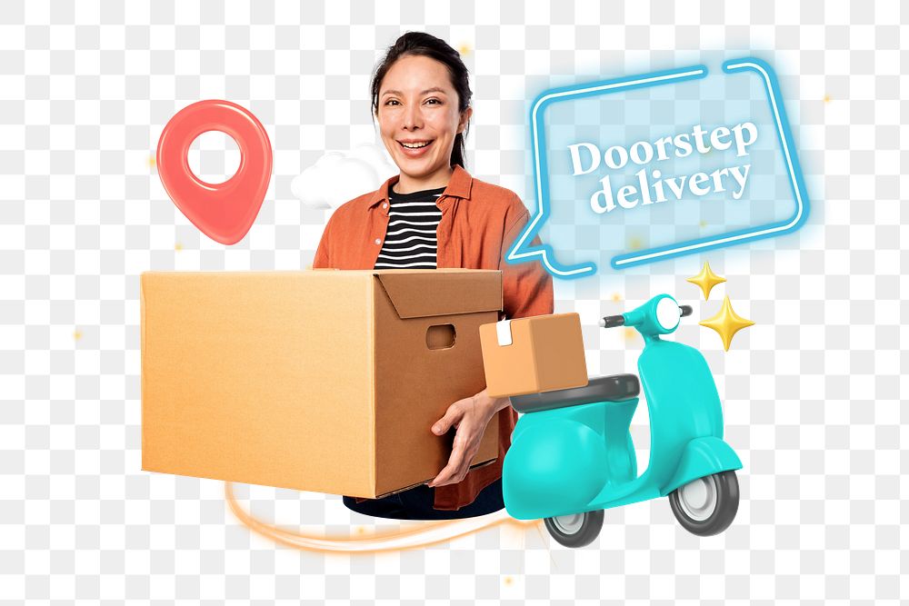 Doorstep delivery png word element, 3D collage remix, transparent background