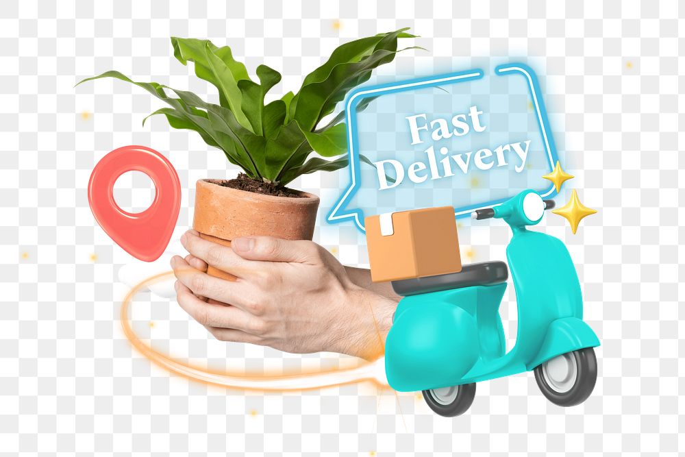 Fast delivery png word element, 3D collage remix, transparent background