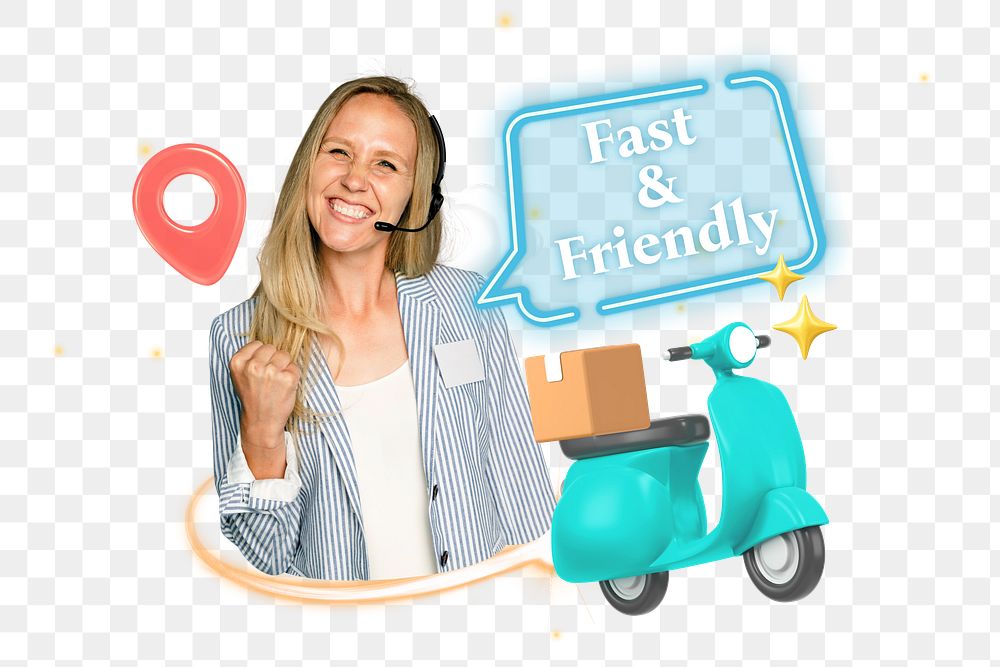 Fast & friendly delivery png word element, 3D collage remix, transparent background