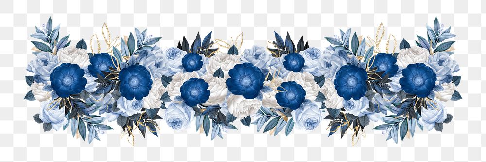 Blue peony flower png divider, Winter floral illustration, transparent background