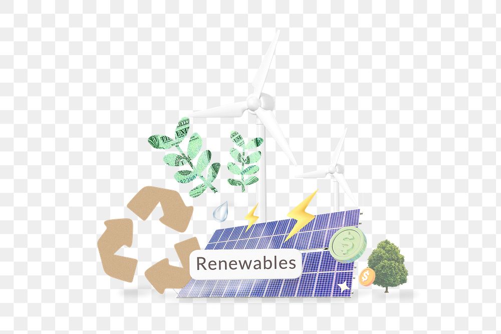 Renewables png word, environment remix on transparent background
