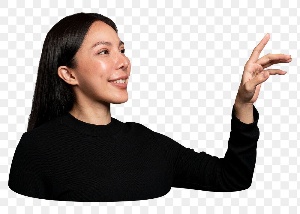 Woman gesture png pressing on an invisible screen, transparent background