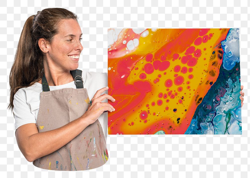 Female artist png showing a fluid artwork canvas, transparent background
