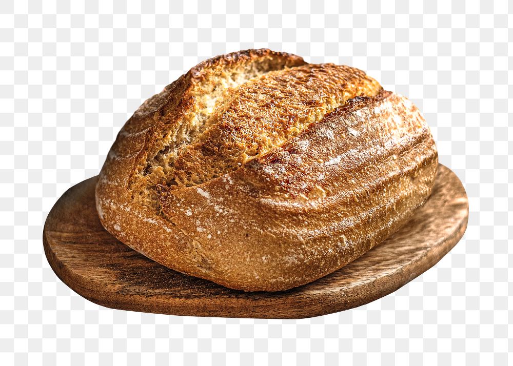 Homemade artisan sourdough bread png, on a board collage element, transparent background