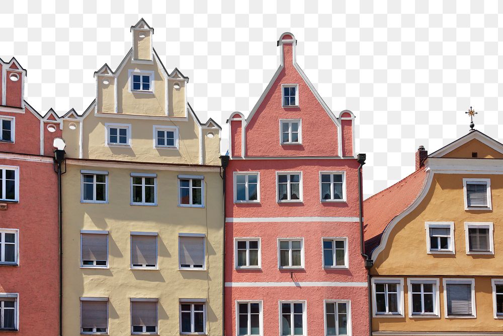 PNG Colorful buildings in the center of Landshut old town in Germany collage element, transparent background