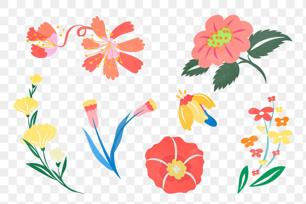 Colorful flower png illustration set, transparent background