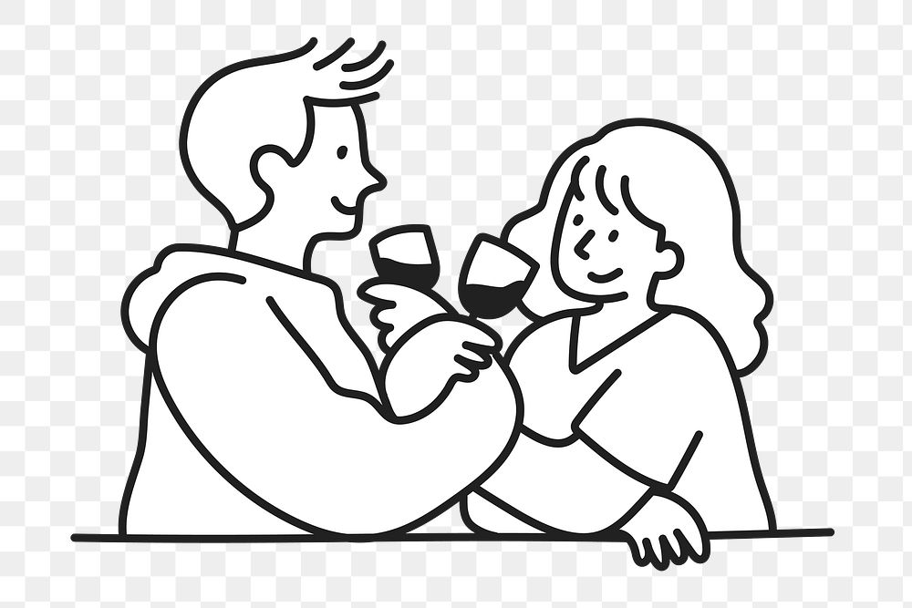 Doodle couple drinking wine png illustration, transparent background