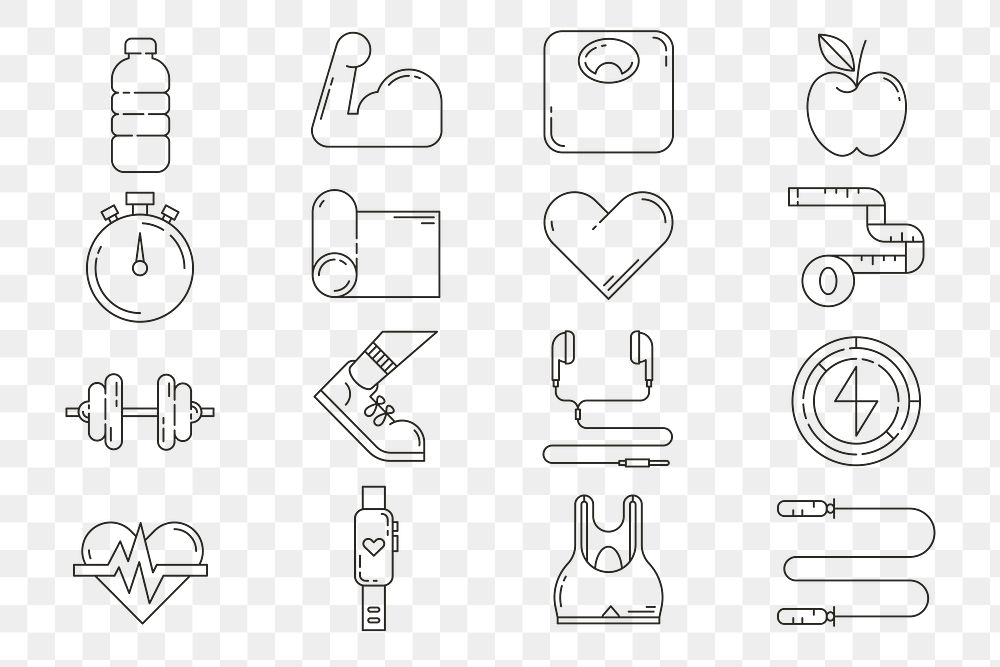 PNG Fitness, health & wellness icons, black line art collection, transparent background