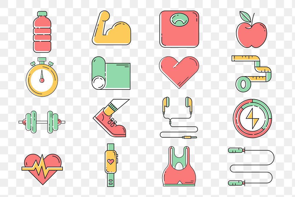 PNG Fitness, health & wellness icons collection, transparent background
