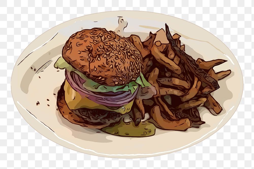 PNG Hamburger french fries on plate illustration, transparent background