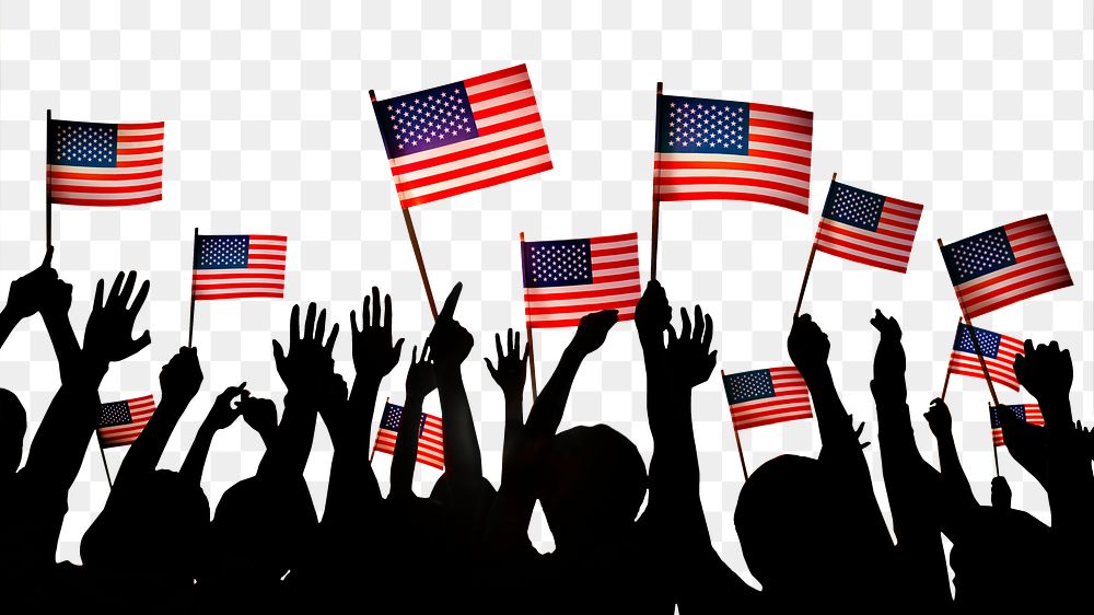PNG Group of people waving American flags collage element, transparent background