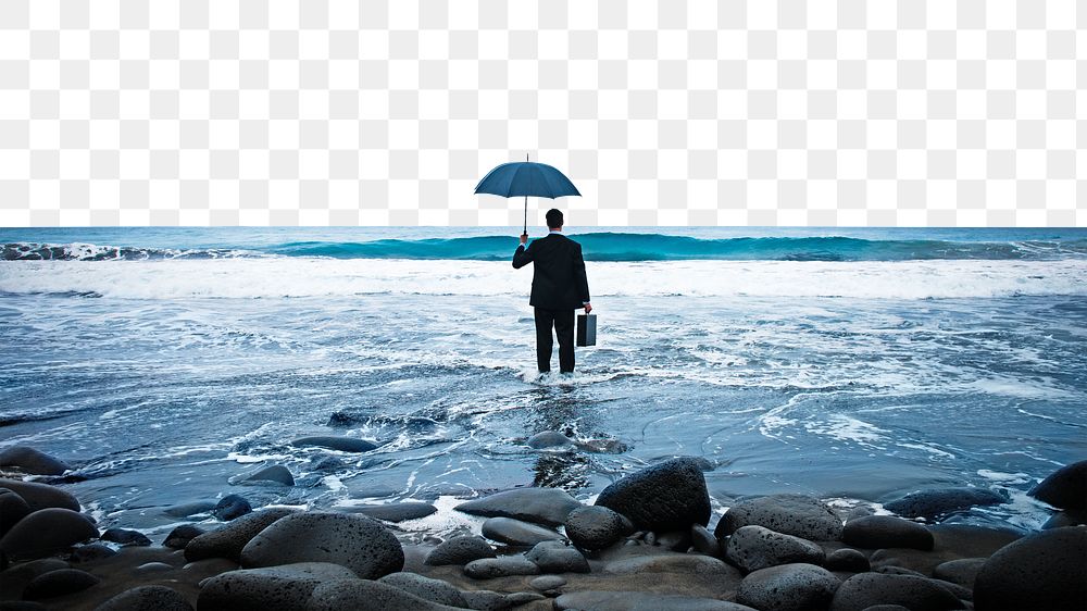 PNG Businessman standing with an umbrella in the ocean collage element, transparent background