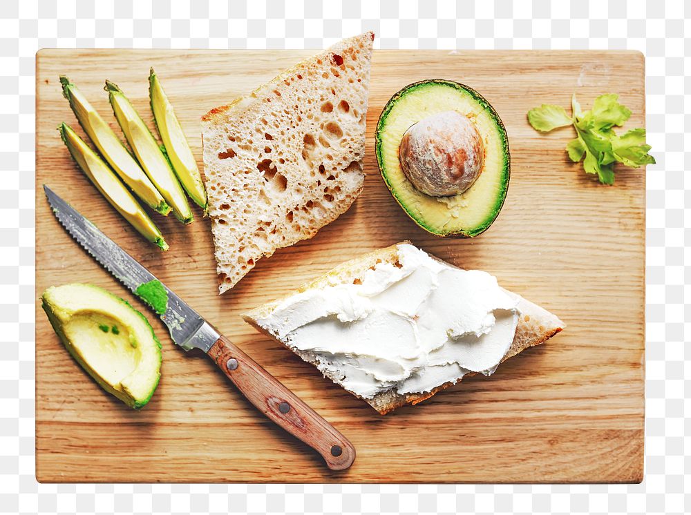 PNG Preparation of a healthy avocado toast, collage element, transparent background
