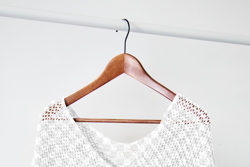 Knitted poncho png mockup, wooden hanger, transparent design