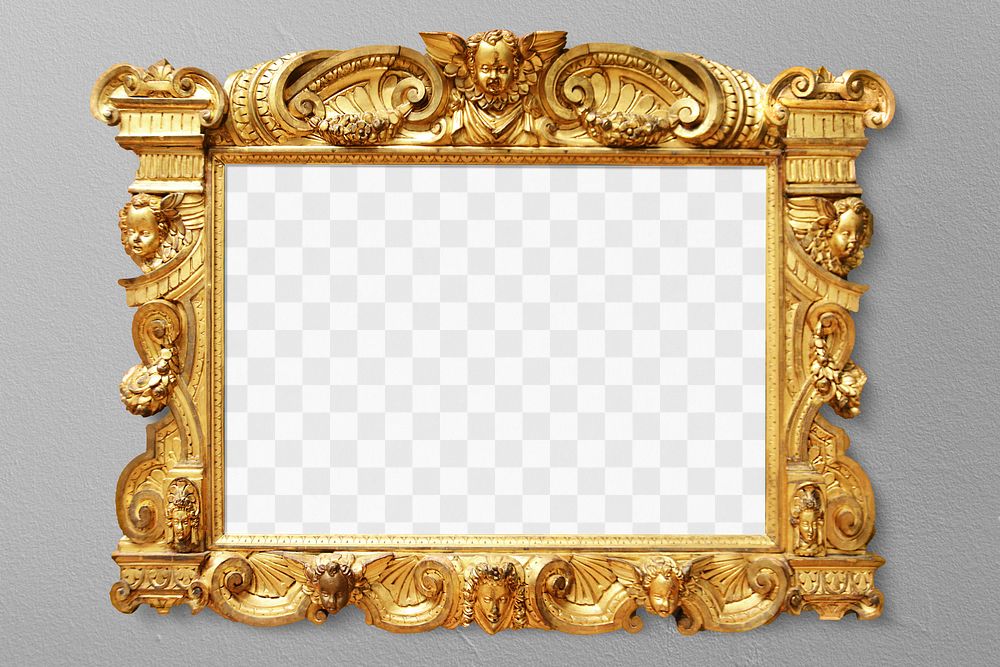 Gold picture frame png mockup, luxury transparent design