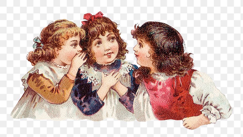 PNG Little girls gossiping, vintage illustration, transparent background. Remixed by rawpixel.
