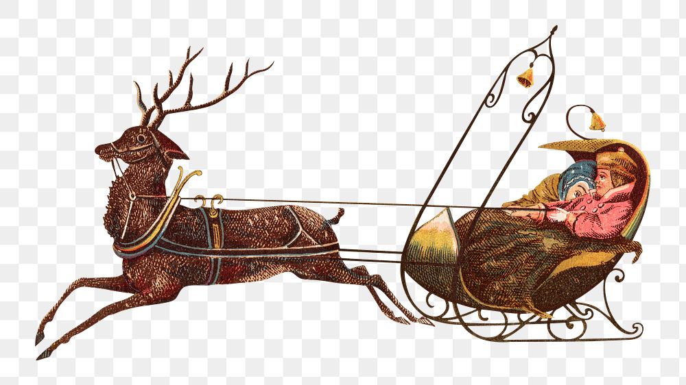 PNG Christmas reindeer sleigh, vintage animal illustration, transparent background. Remixed by rawpixel.