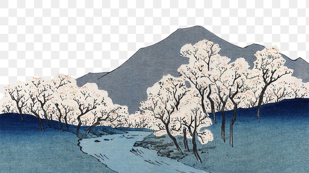 Mount Fuji landscape  png border, vintage Japanese illustration by Hiroshige Andō, transparent background. Remixed by…
