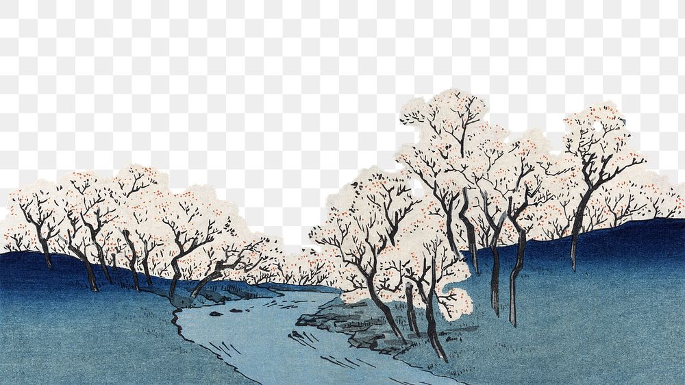 Japanese landscape  png border, vintage illustration by Hiroshige Andō, transparent background. Remixed by rawpixel.