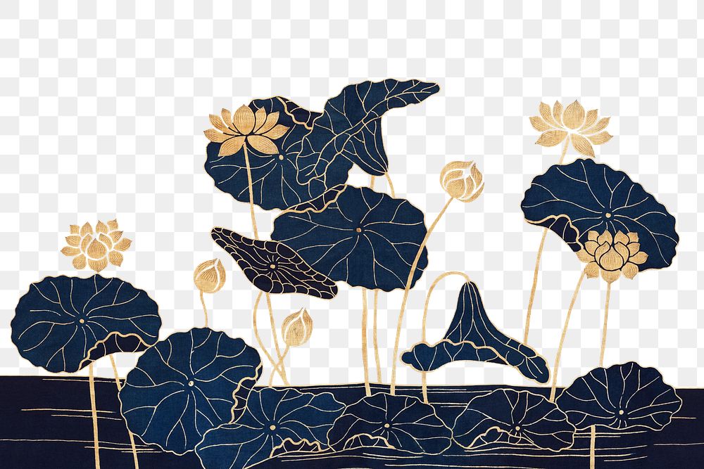 Lotus flower  png border, Japanese botanical illustration, transparent background. Remixed by rawpixel.