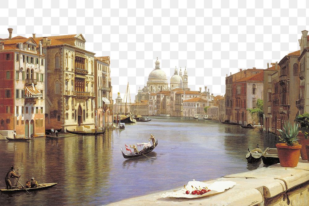 Grand Canal  png border, Venice scene illustration by P. C. Skovgaard, transparent background. Remixed by rawpixel.