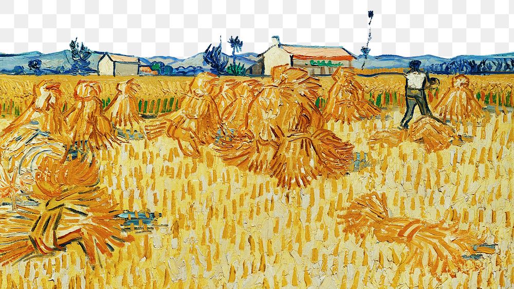 Van Gogh's farm  png border, Harvest in Provence painting, transparent background. Remixed by rawpixel.