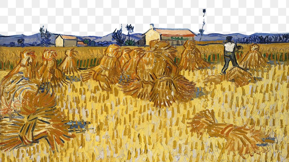 Van Gogh's farm  png border, Harvest in Provence painting, transparent background. Remixed by rawpixel.