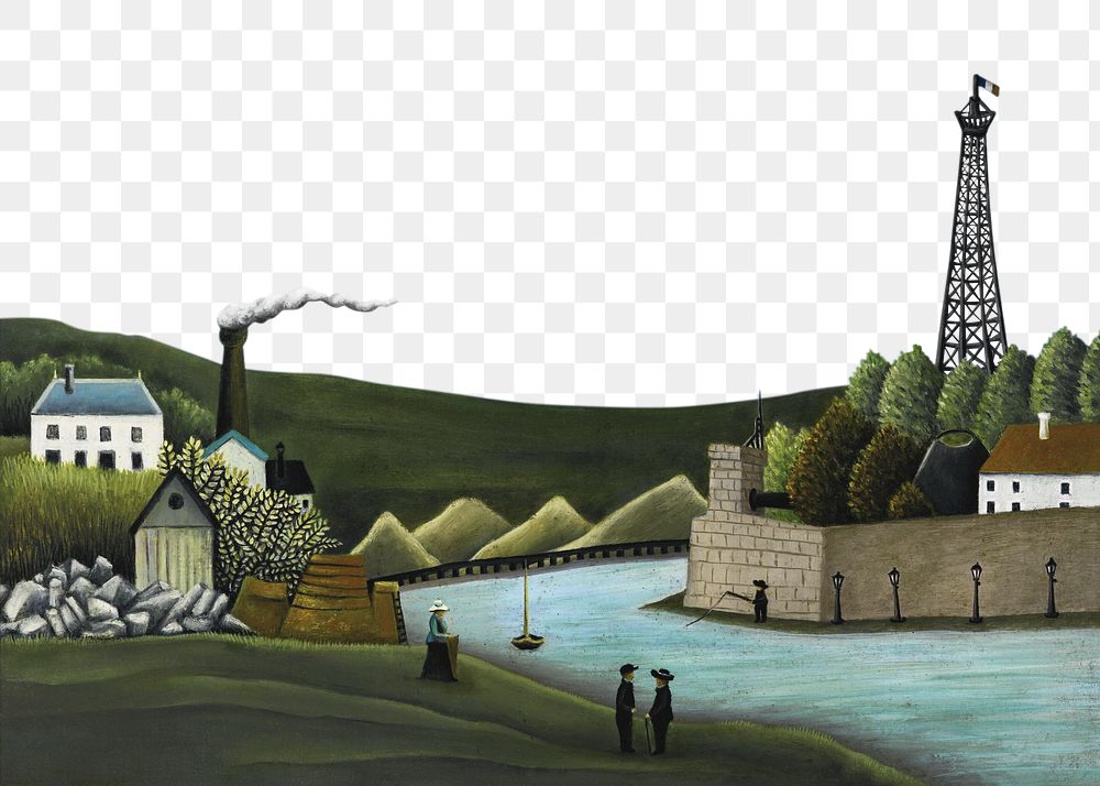Henri Rousseau's landscape  png border, La Seine &agrave; Suresnesl illustration, transparent background. Remixed by…