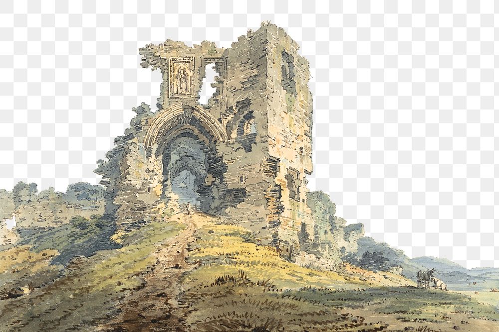 Denbigh Castle  png border, vintage architecture illustration by Thomas Girtin, transparent background. Remixed by rawpixel.