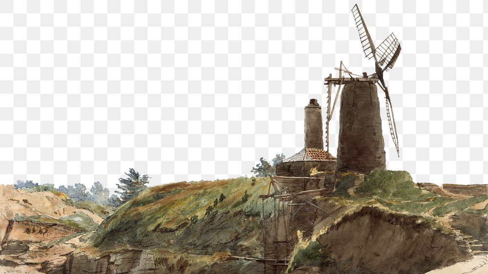 Landscape with Windmill  png border, vintage illustration by Thomas Creswick, transparent background. Remixed by rawpixel.