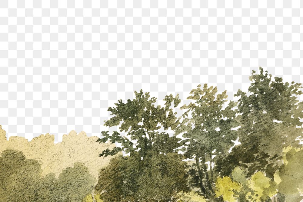 Landscape with Trees  png border, vintage nature illustration by Robert Hills, transparent background. Remixed by rawpixel.