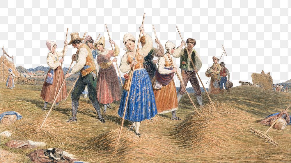 Haymakers in a Field  png border, vintage illustration by George Robert Lewis, transparent background. Remixed by rawpixel.