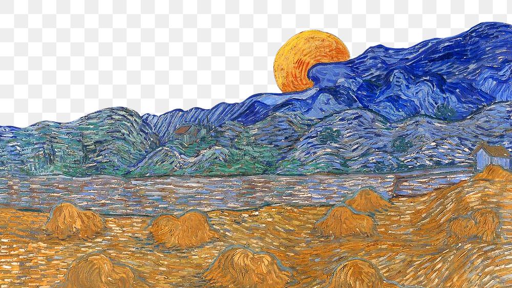 Van Gogh's border png Landscape with Wheat Sheaves and Rising Moon, transparent background. Remixed by rawpixel.