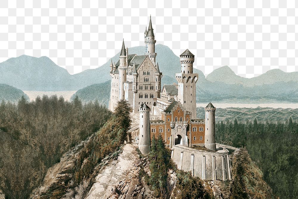 Neuschwanstein castle border png architecture watercolor, transparent background. Remixed by rawpixel.