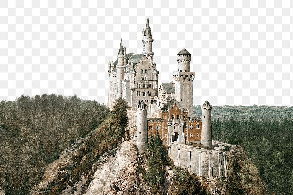 Neuschwanstein castle border png architecture watercolor, transparent background. Remixed by rawpixel.